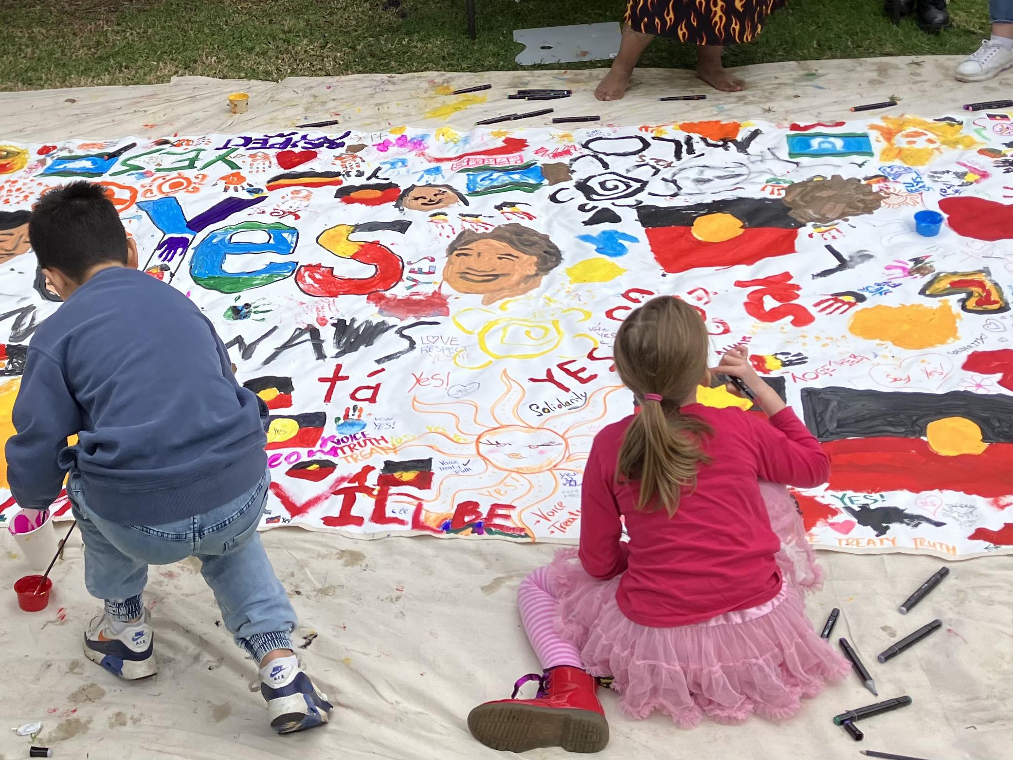 Public artwork created as part of a Yes event at Carclew House in North Adelaide on Sunday to mark the start of NAIDOC Week. (Image supplied: Chrisanthi Giotis